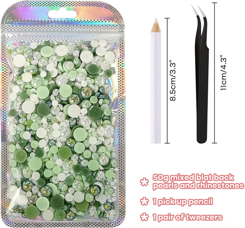 ASTARON 50g Mix Flatback Rhinestones Half Pearls for Crafts Mixed Size 3mm-10mm Flat Back Rhinestones for Crafts Flatback Pearls for DIY Tumblers Mugs Nail Art Shoes Clothes (Fresh Green Series) - Image 2